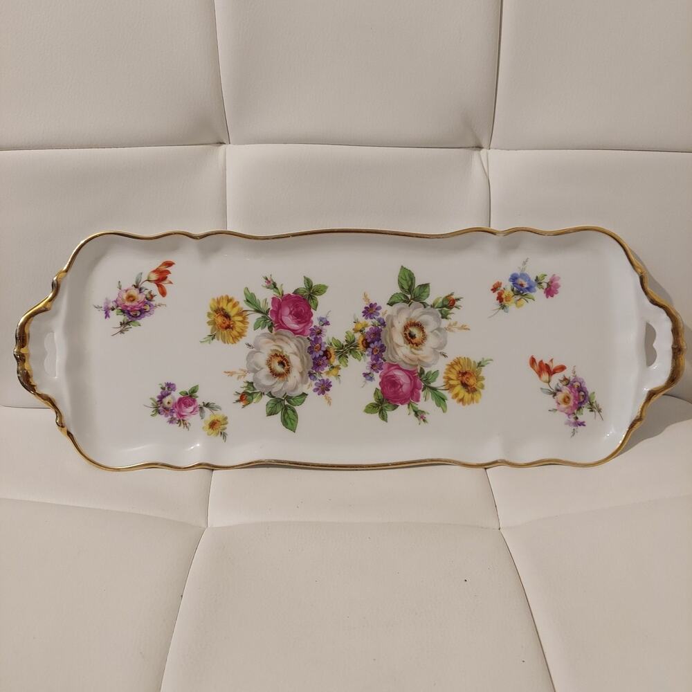 Limoges Floral Gilt Porcelain 16"x6" Vanity Tray